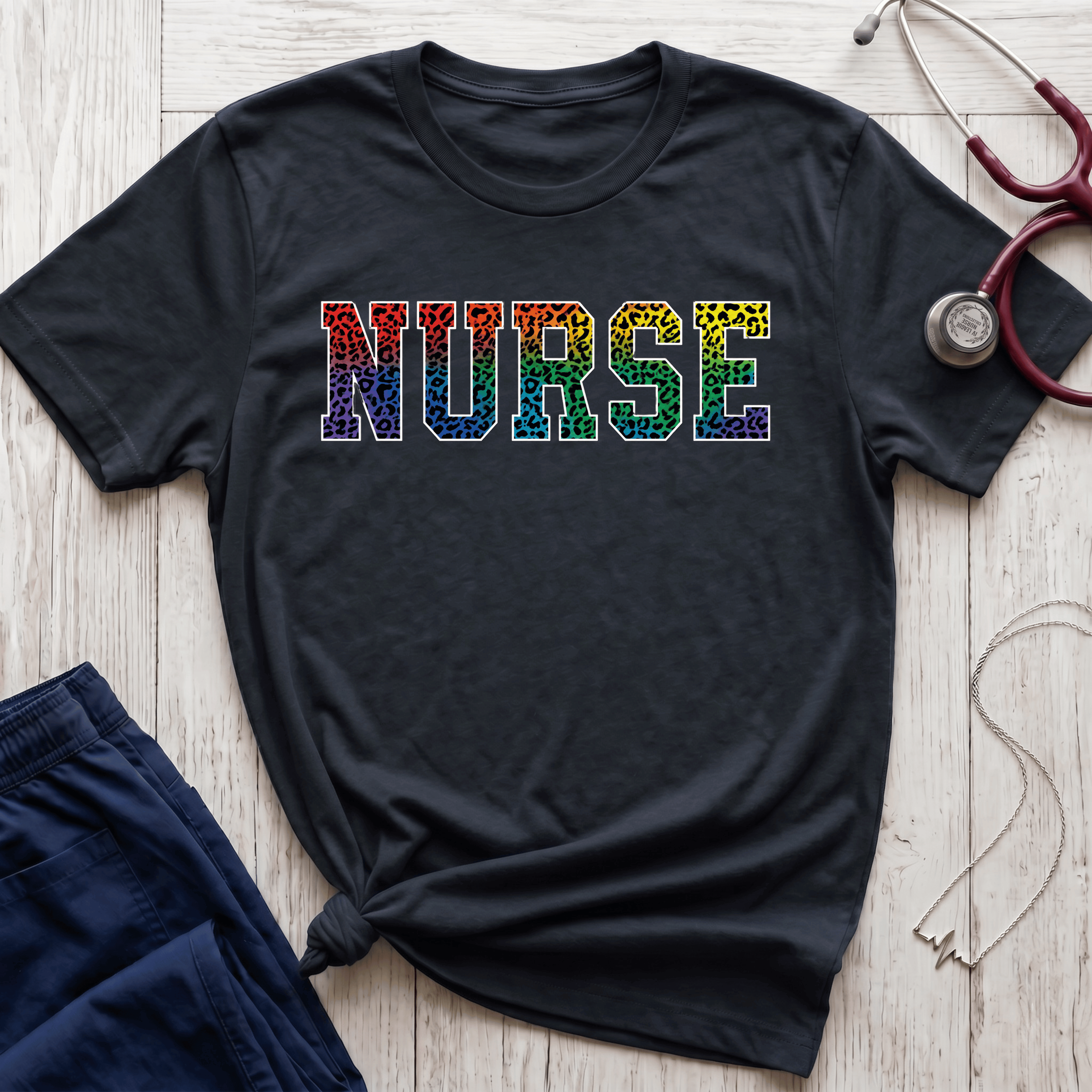 Multicolor Cheetah Print Varsity Nurse T-Shirt