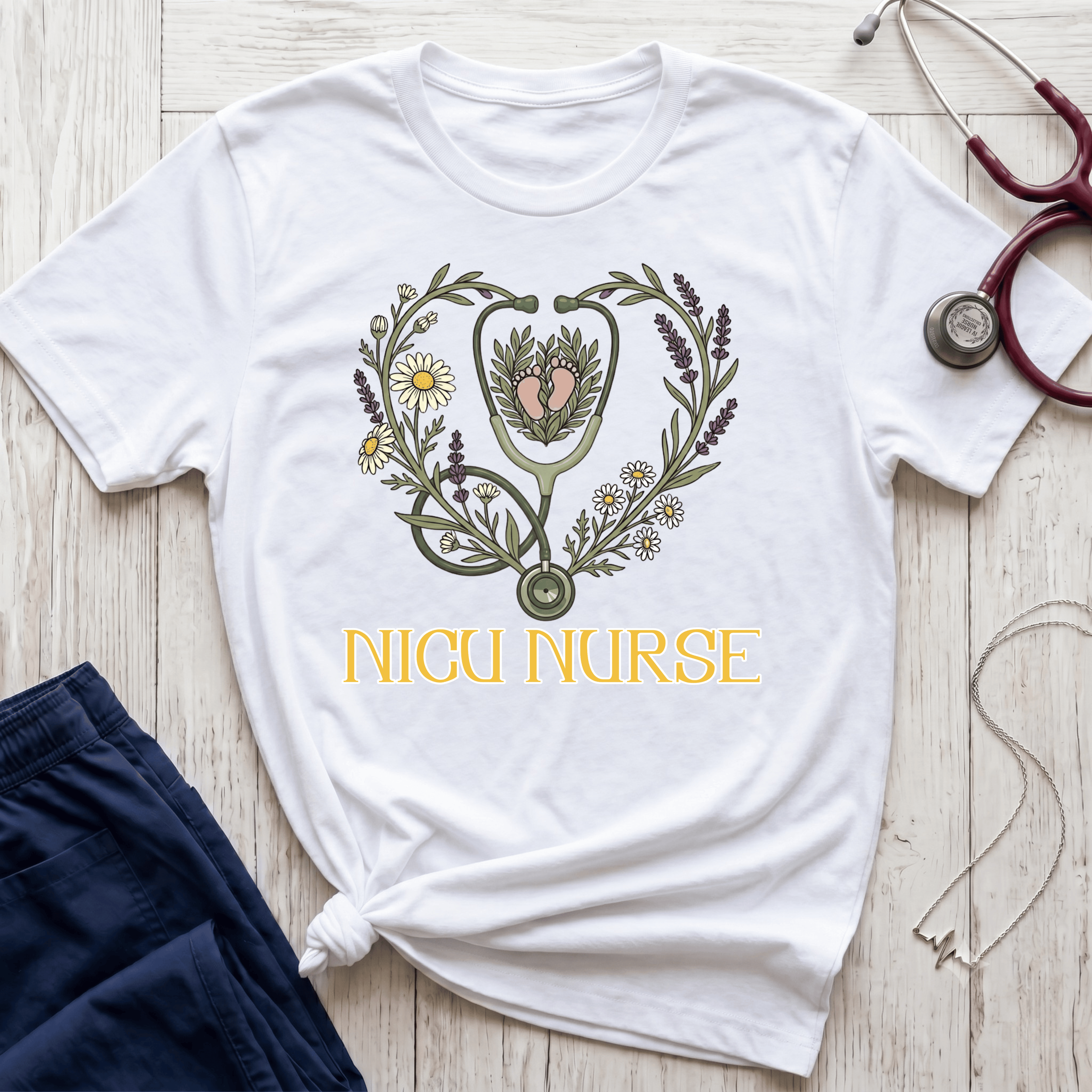 NICU Nurse Floral Stethoscope T-Shirt