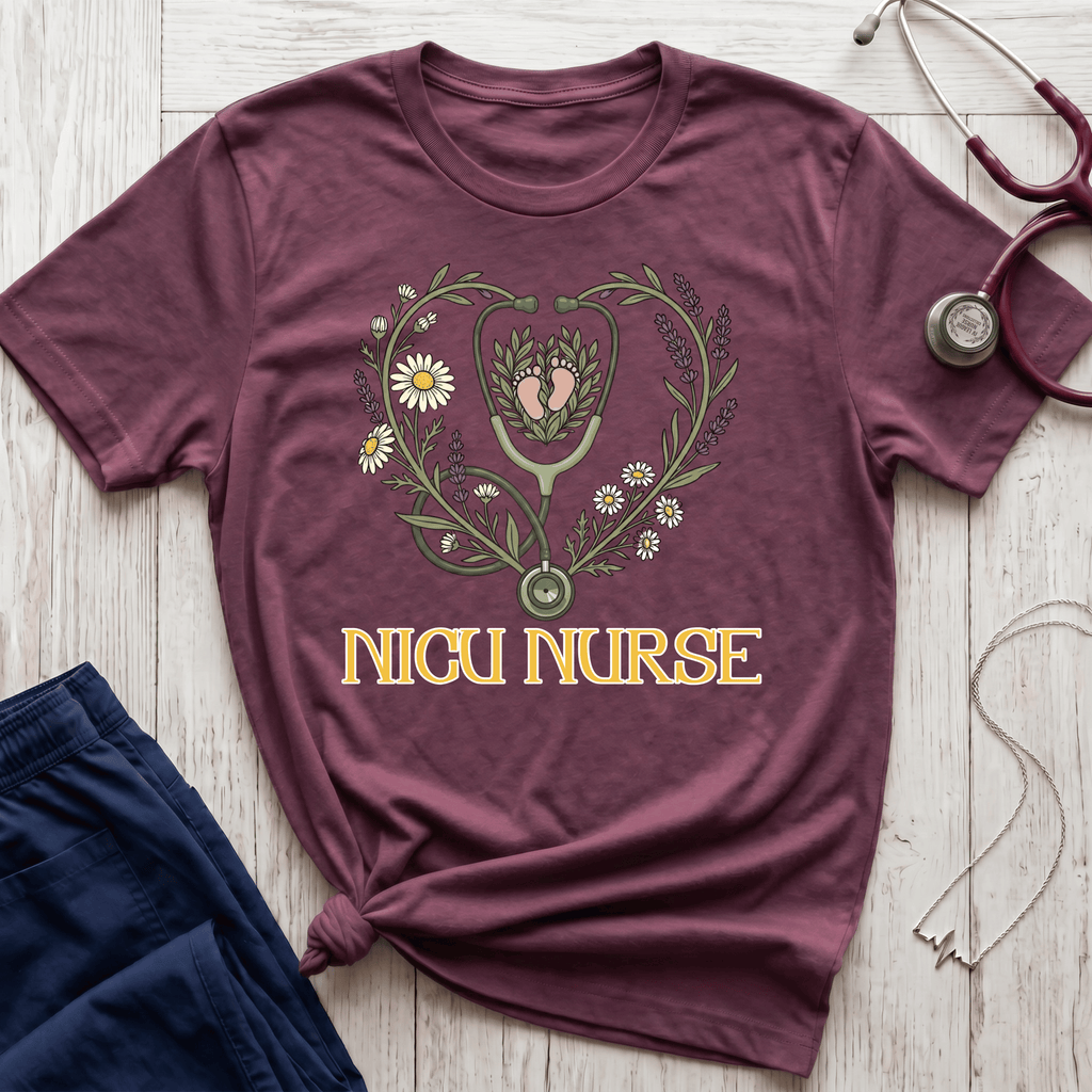 NICU Nurse Floral Stethoscope T-Shirt