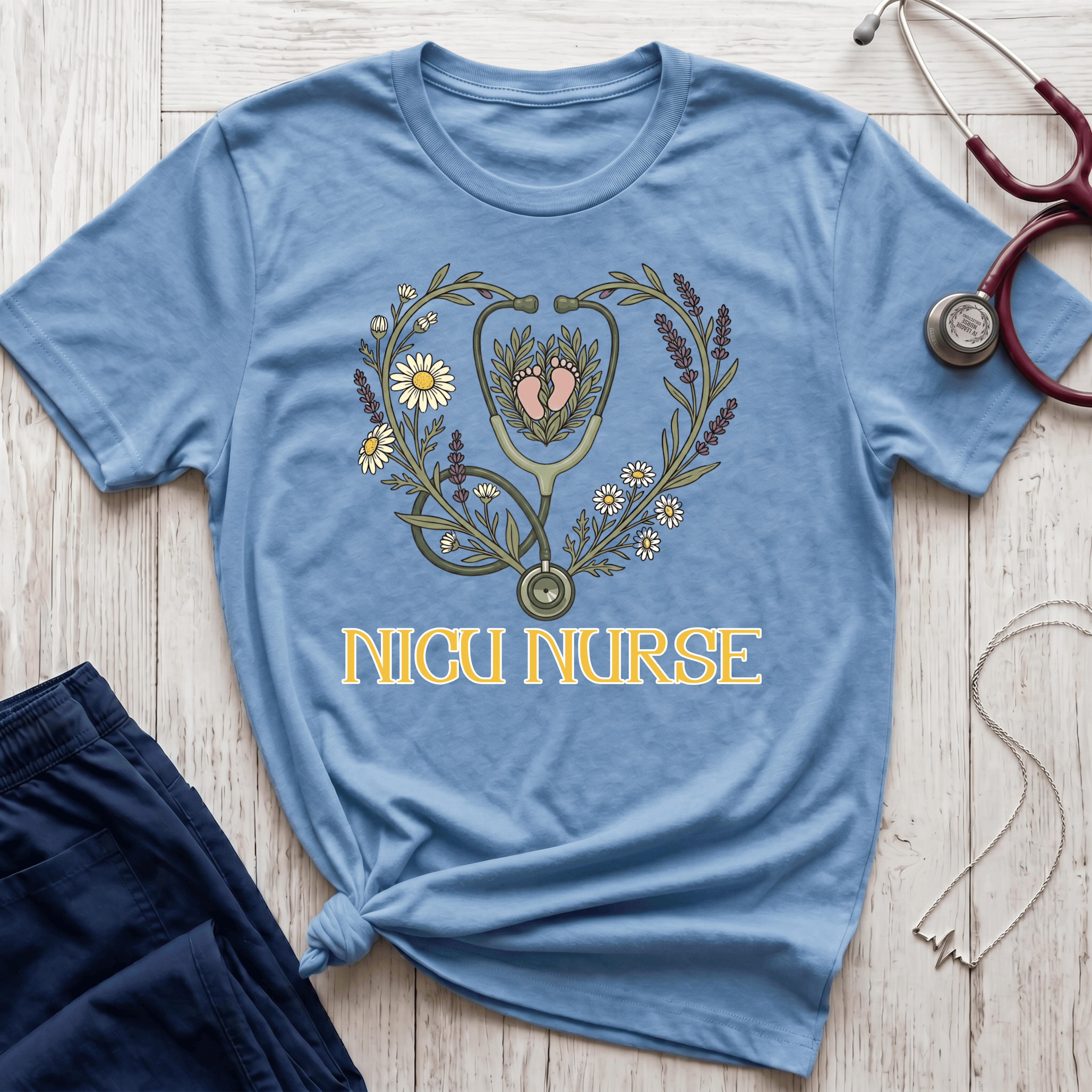NICU Nurse Floral Stethoscope T-Shirt