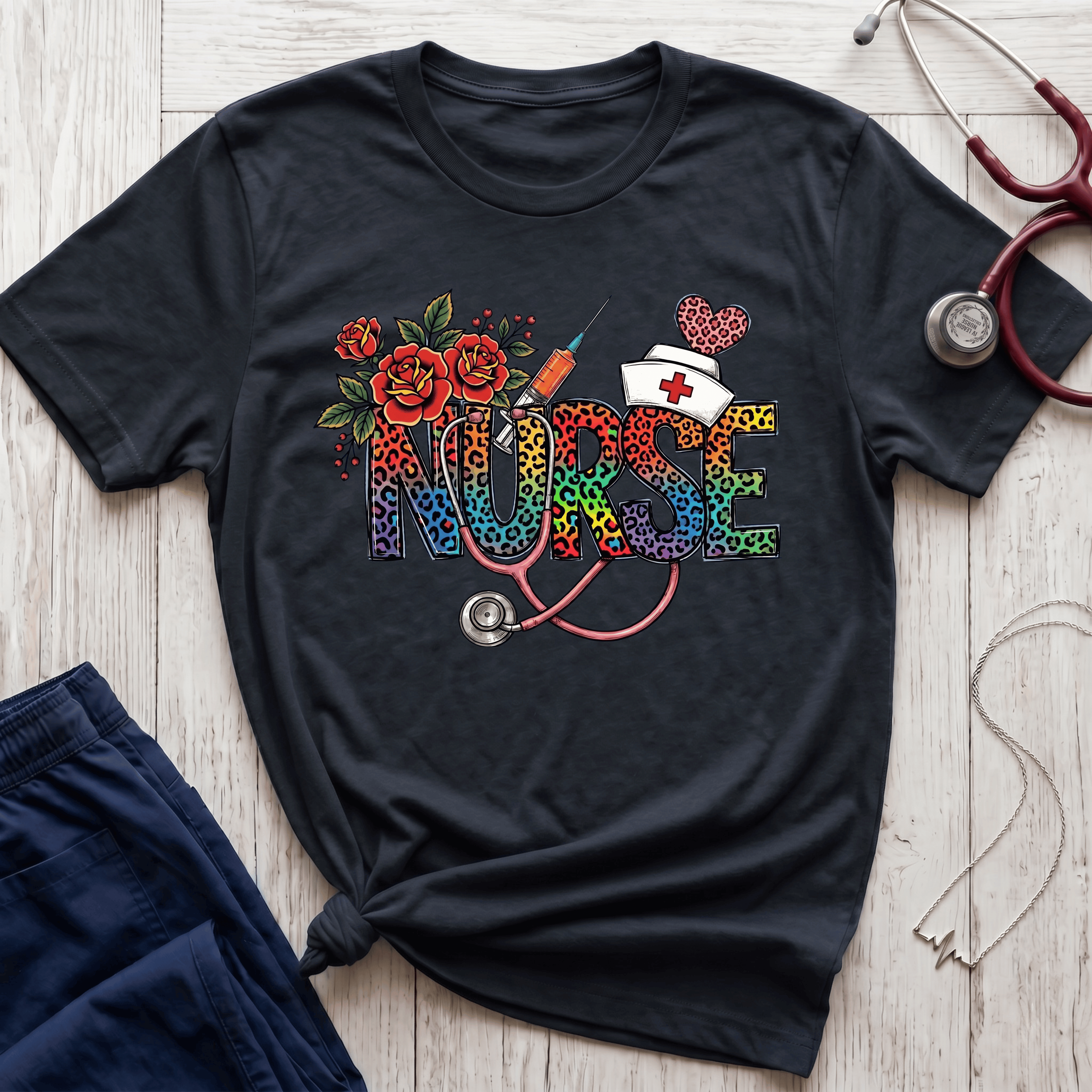 Fun Rainbow Cheetah Nurse T-Shirt