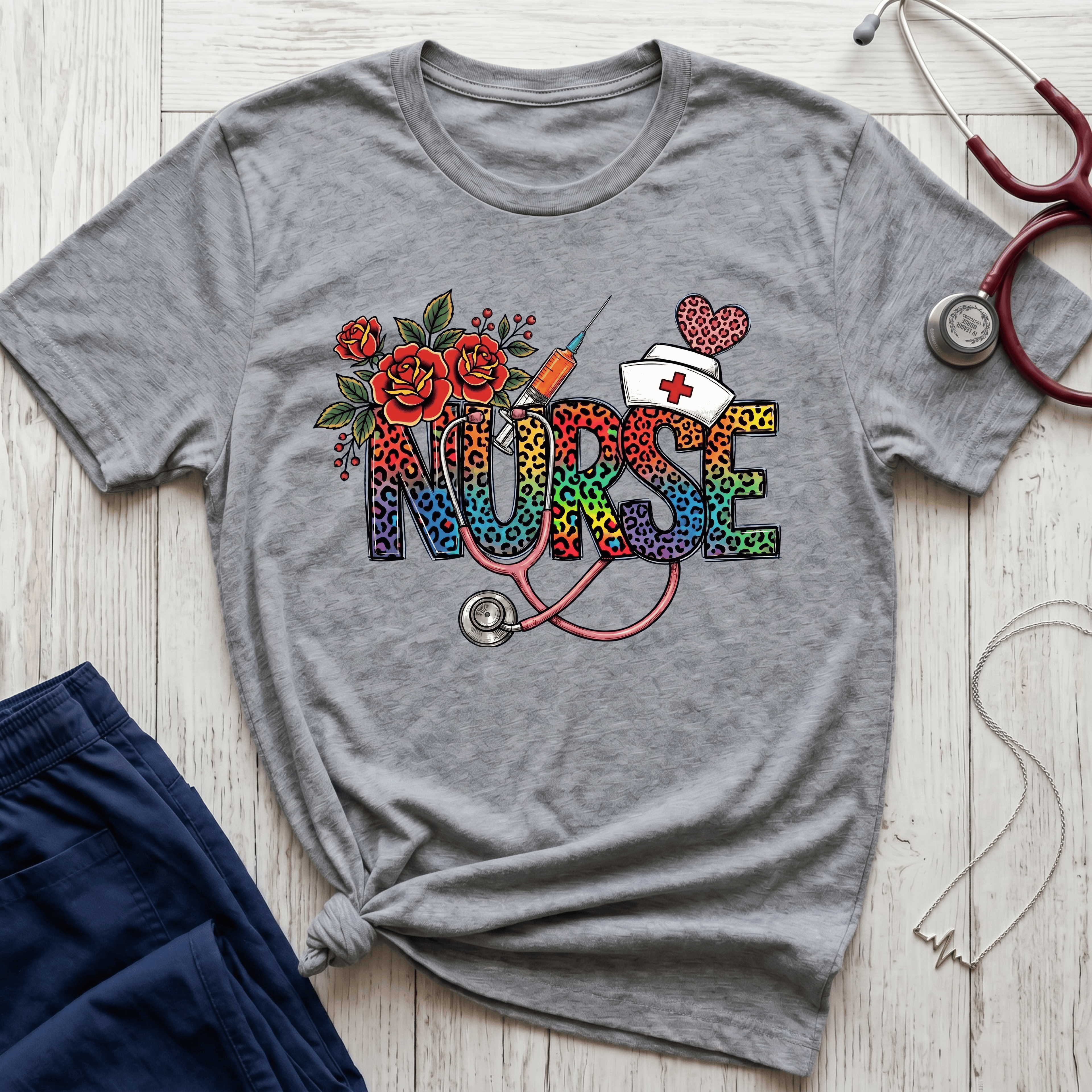 Fun Rainbow Cheetah Nurse T-Shirt