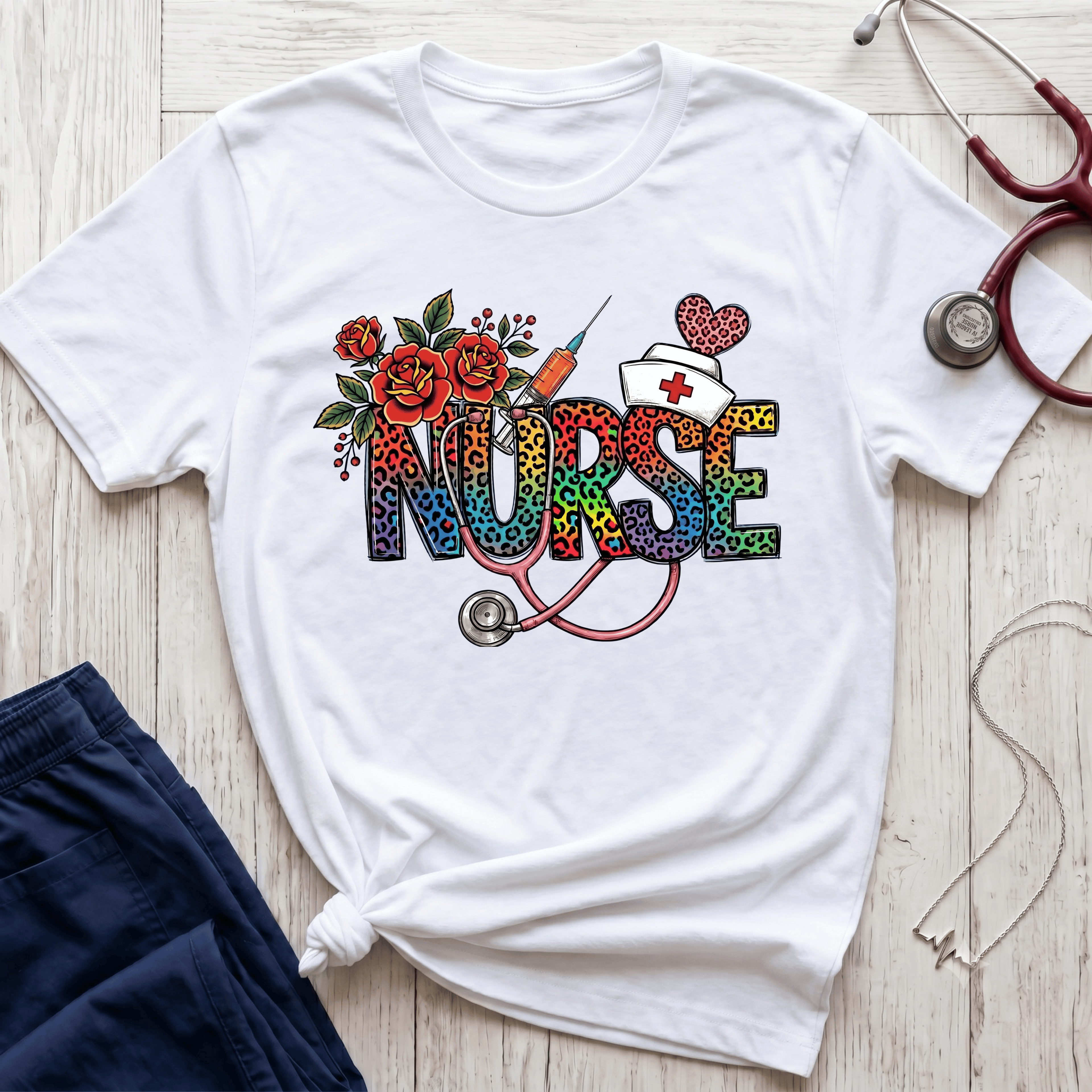 Fun Rainbow Cheetah Nurse T-Shirt