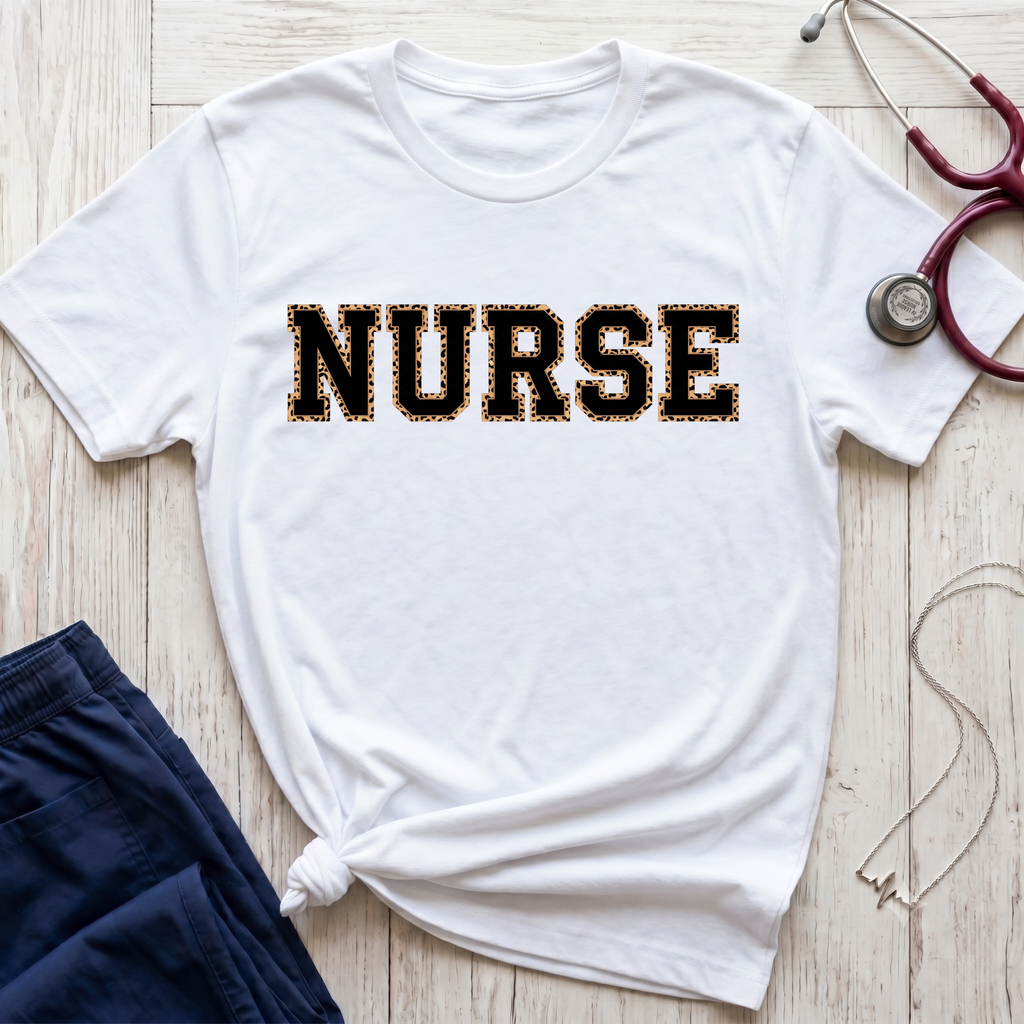 Cheetah Print Outline Varsity Nurse T-Shirt