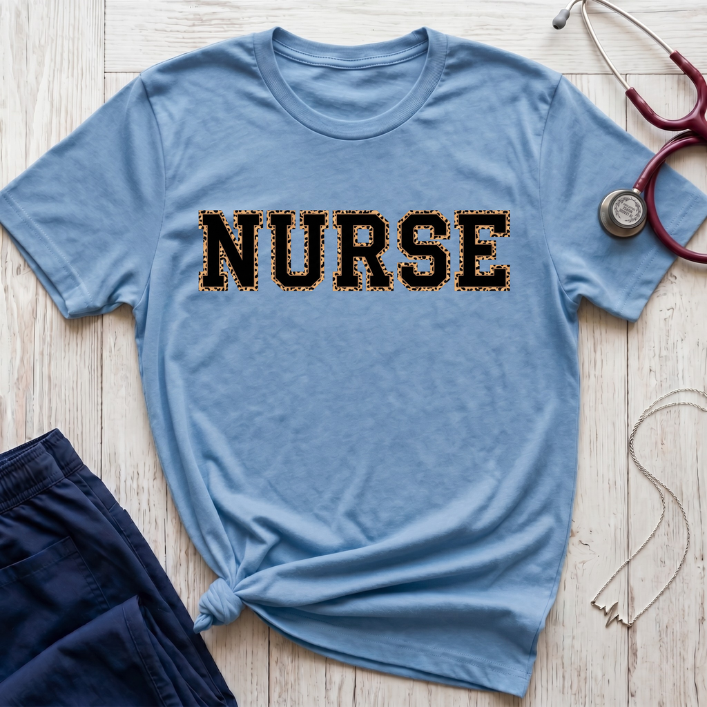 Cheetah Print Outline Varsity Nurse T-Shirt