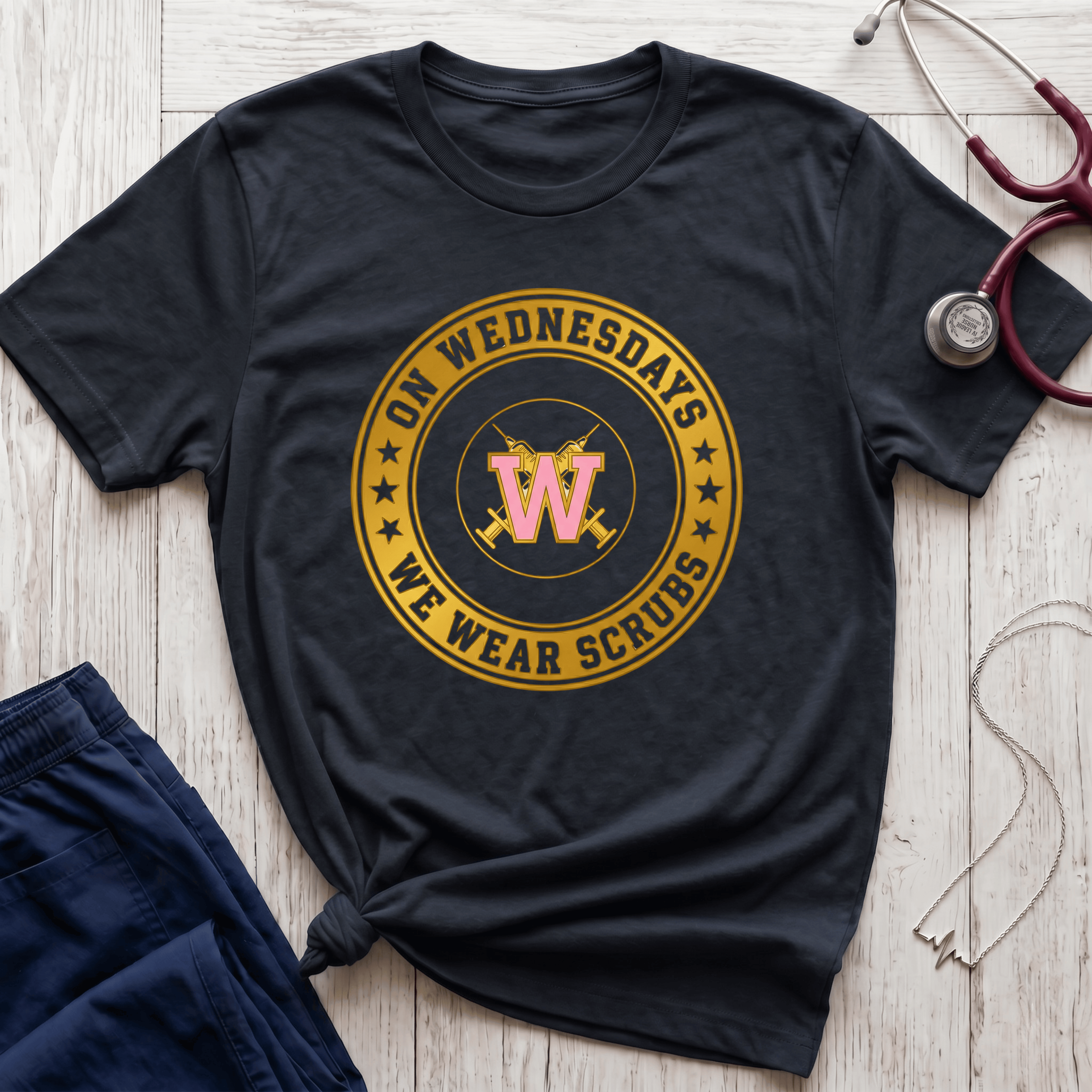 On Wednesdays We Wear Scrubs Emblem T-Shirt
