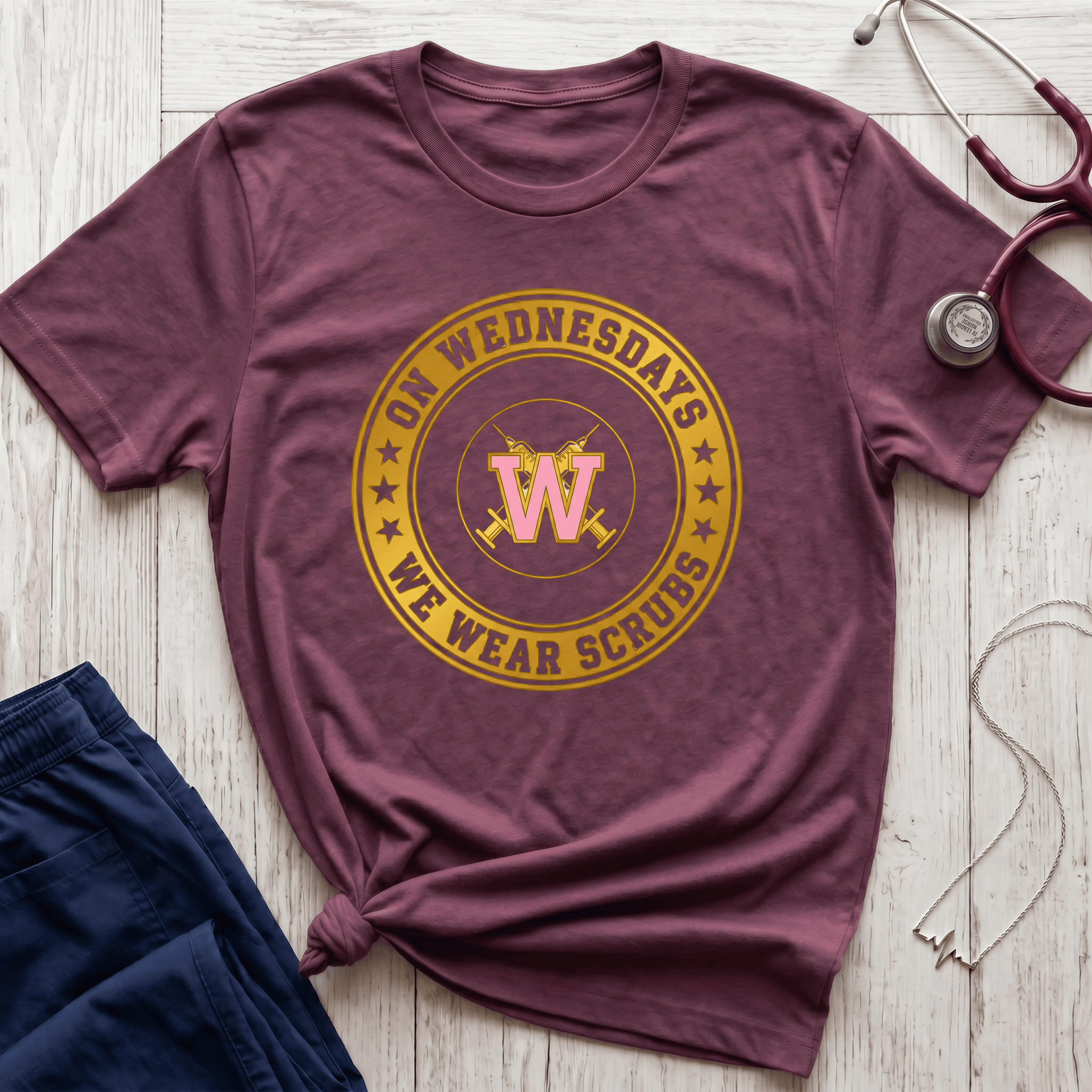 On Wednesdays We Wear Scrubs Emblem T-Shirt
