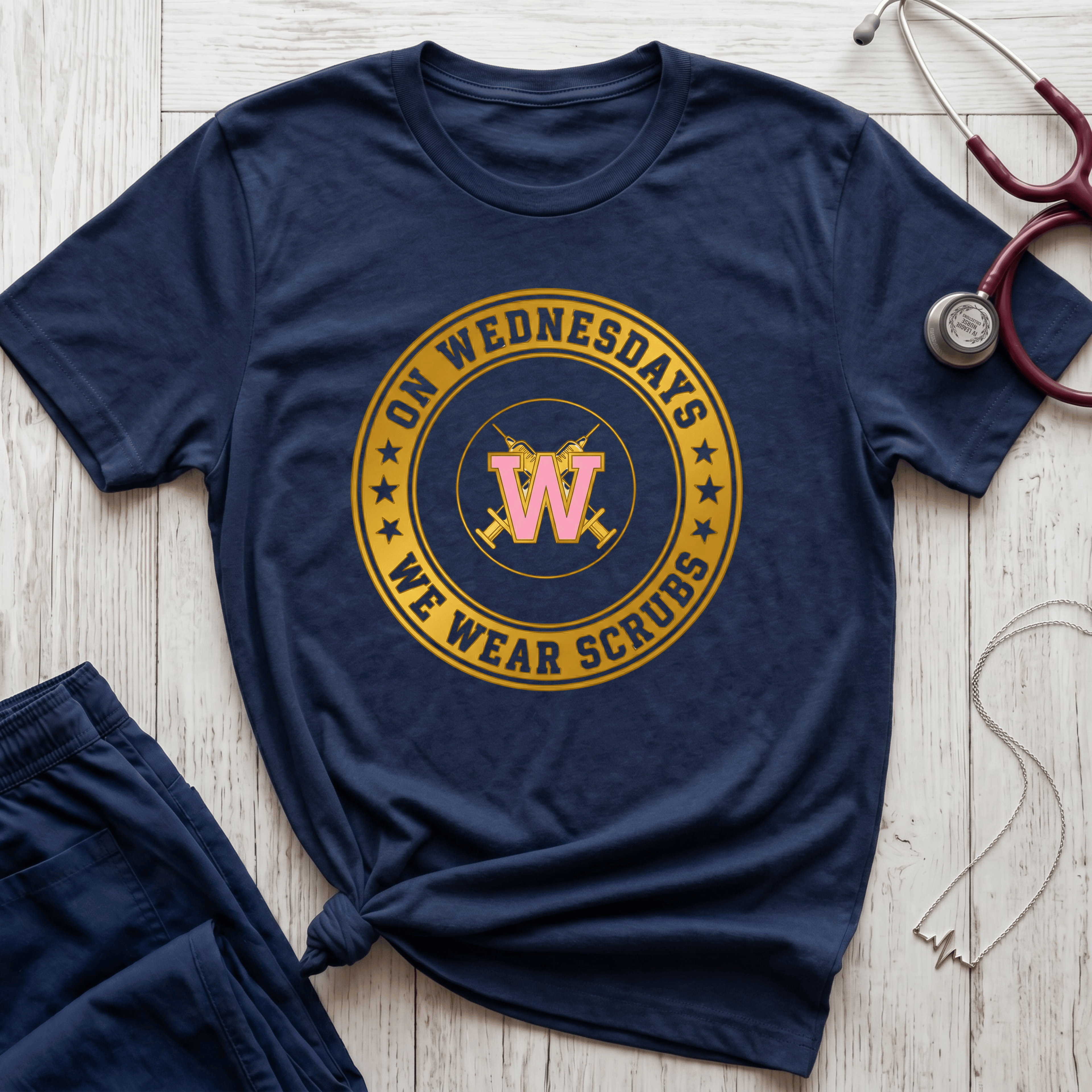 On Wednesdays We Wear Scrubs Emblem T-Shirt